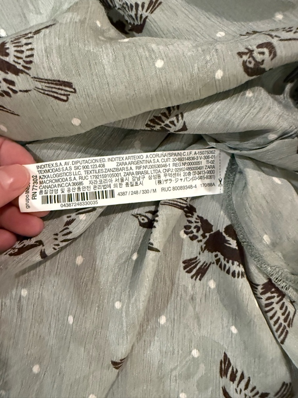 Zara Basic Bird Print Button Down Blouse Sage Green Polka Dot Size M - Picture 13 of 13